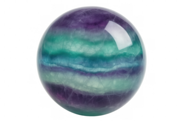 Polished fluorite sphere revealing green-purple bands, showcasing crystal's translucent depth and mineral's intricate color variations