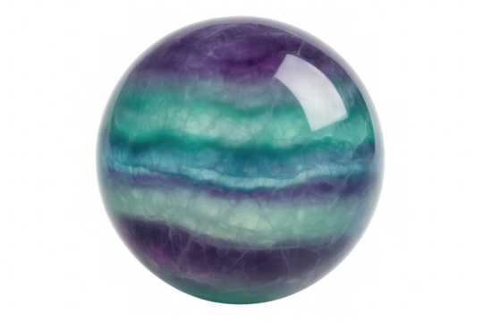 Polished fluorite sphere revealing green-purple bands, showcasing crystal's translucent depth and mineral's intricate color variations - Powered by Adobe