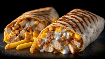 Close up of grilled wrap cut in half revealing golden French fries and chicken cheddar filling