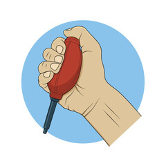 Hand holding rubber hand blower. Vector design