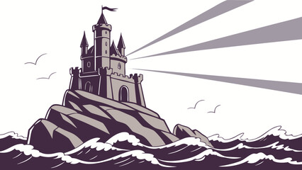 Naklejka premium Vector art of a majestic castle stands proudly on a rocky island amidst the crashing waves, “Majestic Castle on Rocky Island with Ocean Waves – Fantasy Vector Illustration”