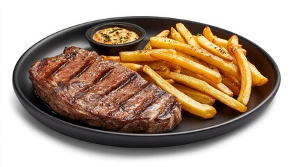 Grilled steak accompanied by crispy golden french fries arranged on dark plate with white background appetizing food presentation