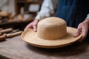 portrait of hatmaker fitting straw hat onto viewer-framed head form in rustic workshop