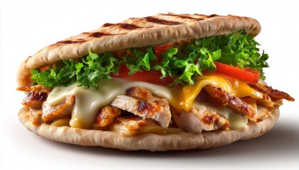 High resolution ultrarealistic photograph of a chicken pita sandwich with melted cheese isolated on a white background