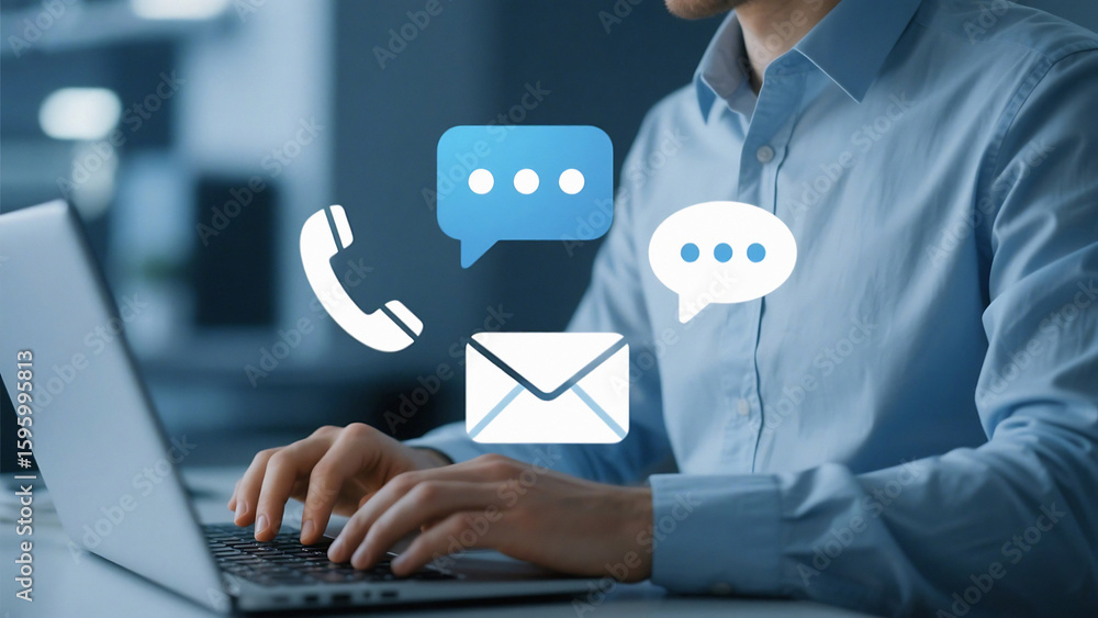Poster a person types on a laptop with contact icons floating above the keyboard in a blue toned scene