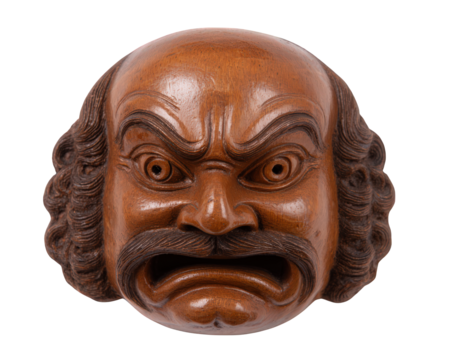 Hand carved wooden mask folklore hero object, angry expression, traditional Indian art, detailed facial features, curly hair, cultural artifact, dramatic emotion