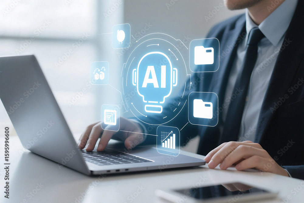 Poster man in suit using laptop with ai interface overlay and smartphone on desk in bright modern office