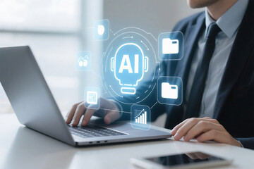 Man in suit using laptop with ai interface overlay and smartphone on desk in bright modern office