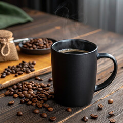 Matte black mug of hot coffee with steam on dark wooden table image