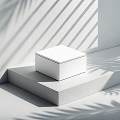 Minimalist white box mockup on grey pedestal with palm leaf shadows image