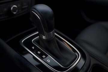 Modern car automatic transmission gear shifter with leather handle showing P R N D positions on glossy black console interior detail