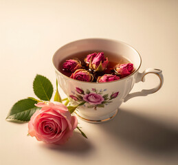 Steep dried rose bud tea with pink roses nearby