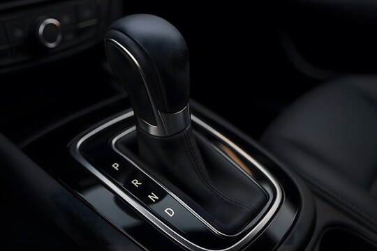 Modern car automatic transmission gear shifter with leather handle showing P R N D positions on glossy black console interior detail