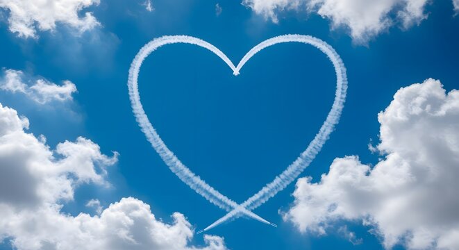 White vapor trail heart shape drawn by aircraft contrails against bright blue sky with fluffy white cumulus clouds romantic aerial skywriting display