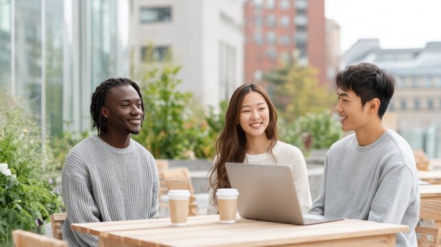 Friends enjoying a productive afternoon with laptops and coffee at an outdoor cafe in a vibrant urban setting - Powered by Adobe
