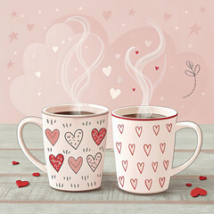 Two steaming coffee mugs with heart patterns on a pink background hearts love