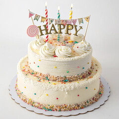 Two tier white birthday cake with candles and happy topper celebration party