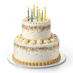 Two tier white birthday cake with colorful sprinkles and lit candles celebration party