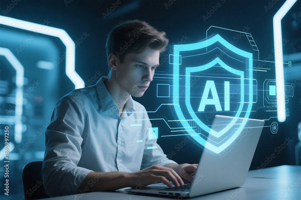 Poster man using laptop with ai shield overlay in a futuristic blue lit environment for cybersecurity