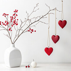 White vase with red berries and hanging red hearts on branches image