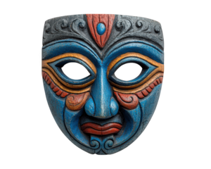 Colorful mask blue face red and gold detail carved wood traditional Indian myth demon expression ornate pattern cultural art dramatic isolated object