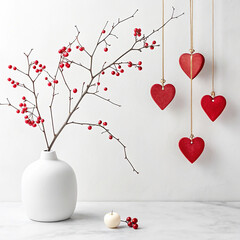 White vase with red berries and hanging red hearts on white background decoration berry