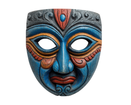 Colorful mask blue face red and gold detail carved wood traditional Indian myth demon expression ornate pattern cultural art dramatic isolated object