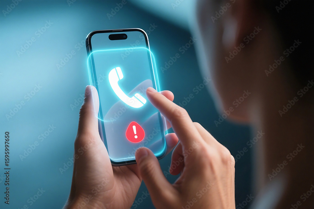Poster person holding smartphone with incoming call icon and exclamation point alert on the screen display