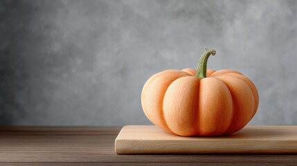 Bright orange pumpkin on wooden cutting board with gray background showcasing natural textures and seasonal charm