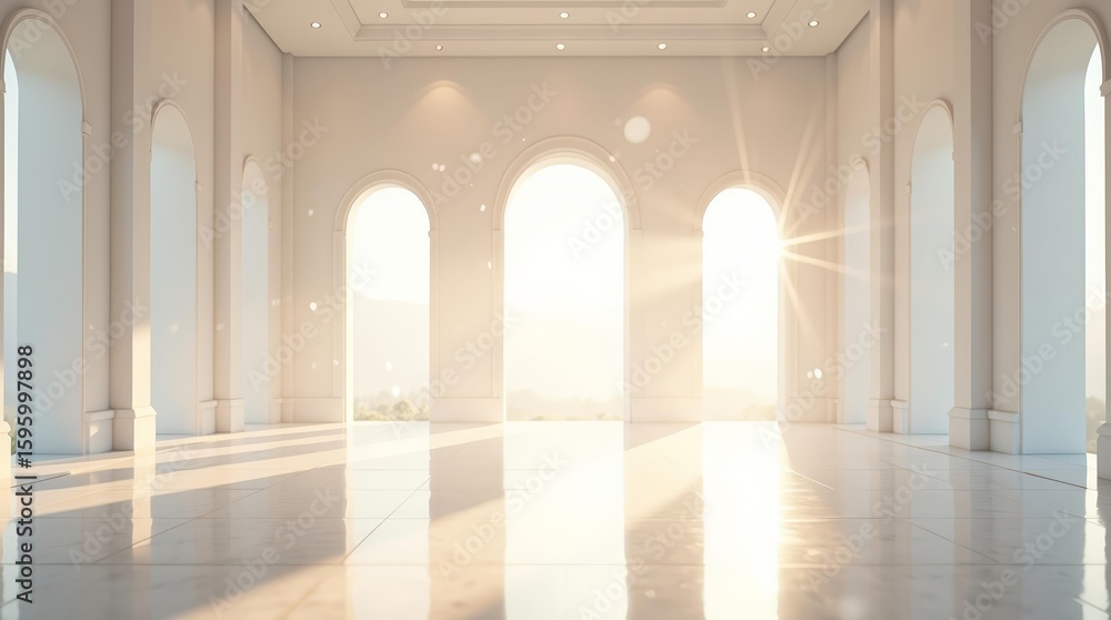 Poster clean presentation background with golden light in white room and empty floor space for text or logo