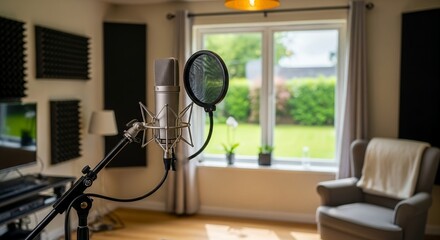 Studio Microphone Setup with Pop Filter and Acoustic Treatment