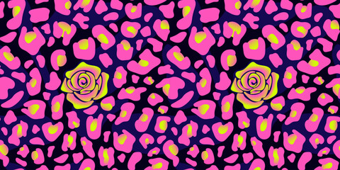 Seamless leopard print with a rose in hot pink, lime green, and dark violet. Bright leopard background with gradients in a neon palette. Perfect for fashion design, textile and Y2K-style background
