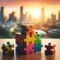 Interlocked wooden puzzle pieces with city bokeh