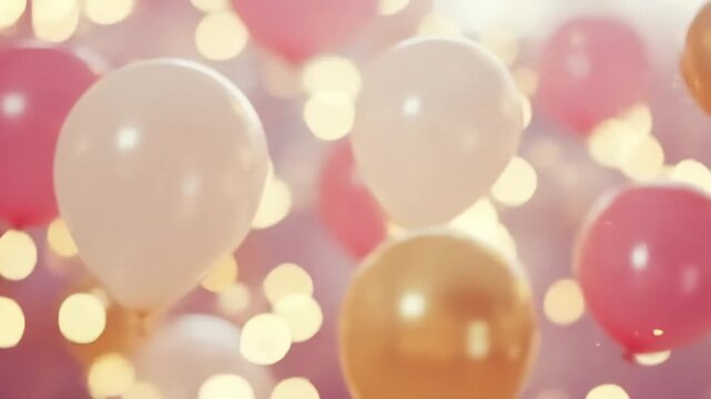 Colorful balloons floating in a festive atmosphere with soft bokeh lights