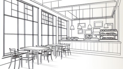 Architectural sketch of a cafe interior.