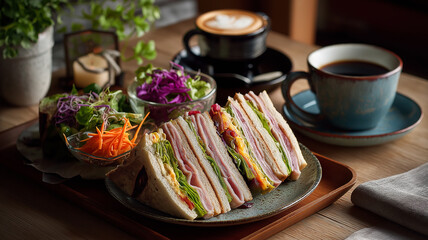 昭和レトロな雰囲気が漂う日本の純喫茶で味わうサンドウィッチとコーヒーの癒しのひととき｜モーニング、ランチ、レトロカフェ、トースト、喫茶店グルメ、テーブル風景、珈琲、食事シーン、喫茶文化