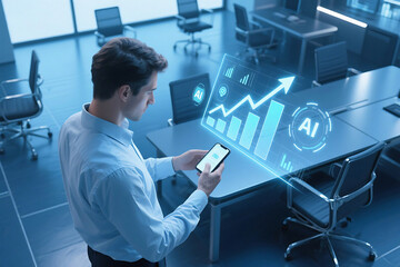 Man using smartphone with ai augmented reality interface in a modern office environment setting
