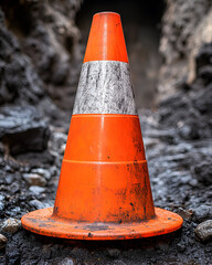A dirty orange traffic cone sits on a gravel road near a dark opening.