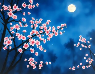 A serene night with delicate pink peach blossoms under a deep blue sky with a glowing full moon and scatered stars, painting art, wallpaper, wallart
