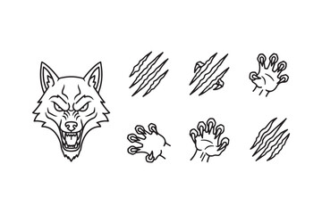 Angry Wolf Head and Claw Marks Outlined on White Background