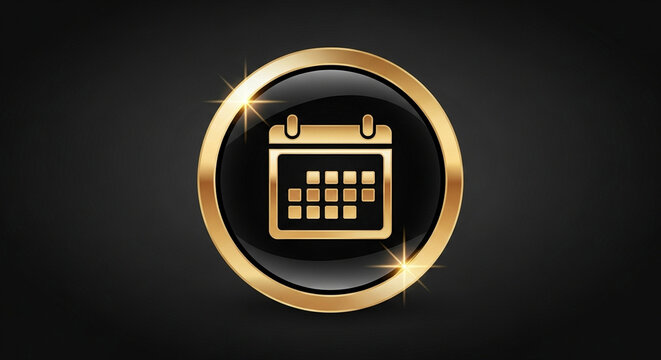 Golden oval button with a calendar icon inside on a dark background
