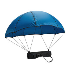 Obraz premium A pristine dark blue durable nylon swim resistance parachute, fully deployed with black adjustable straps and a sturdy waist belt, on a transparent seamless background, shadowless professional studio