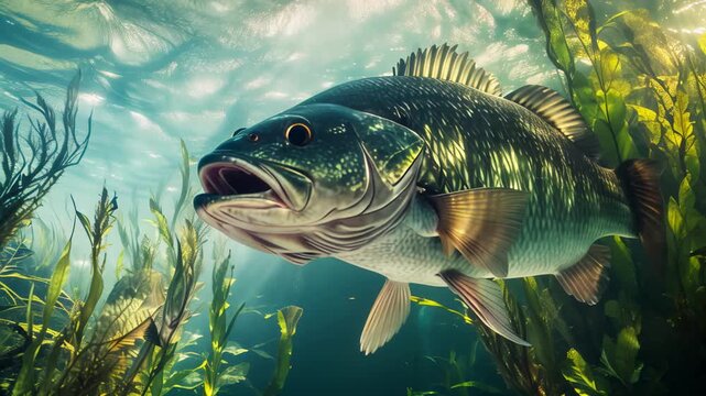 Vivid Underwater Scene With Large-Mouth Bass, Aquatic Plants, And Shimmering Sunlight