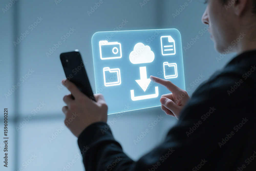 Poster person using smartphone interacting with cloud download interface on digital display