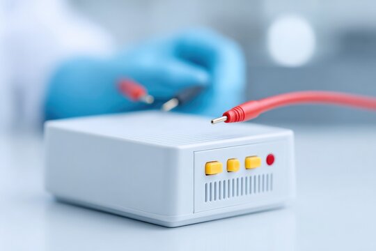 technician testing repaired desktop power supply with multimeter on white bench