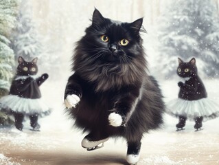 Funny fluffy black cats ice skating in winter forest. Humorous animal ballet scene with tutu costumes and snow. Conceptual fantasy image.