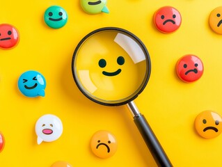 Colorful emoji faces on a bright yellow background, with a magnifying glass focusing on a happy face. Concept of optimism, mood analysis, and emotional intelligence.