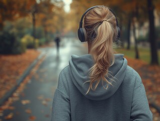 Young woman jogging in autumn park, seen from behind. Hair in ponytail, wearing headphones. Misty morning, wet asphalt, yellow trees—cozy and calm seasonal atmosphere.