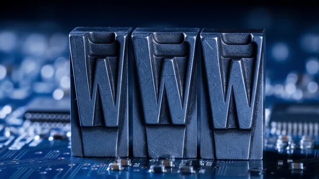 Metallic WWW letters standing on a blue computer circuit board, symbolizing the internet.