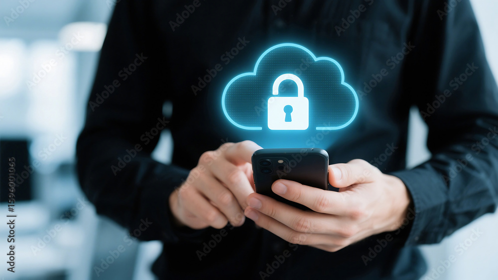 Poster person holding smartphone with digital cloud and padlock overlay for secure data storage access